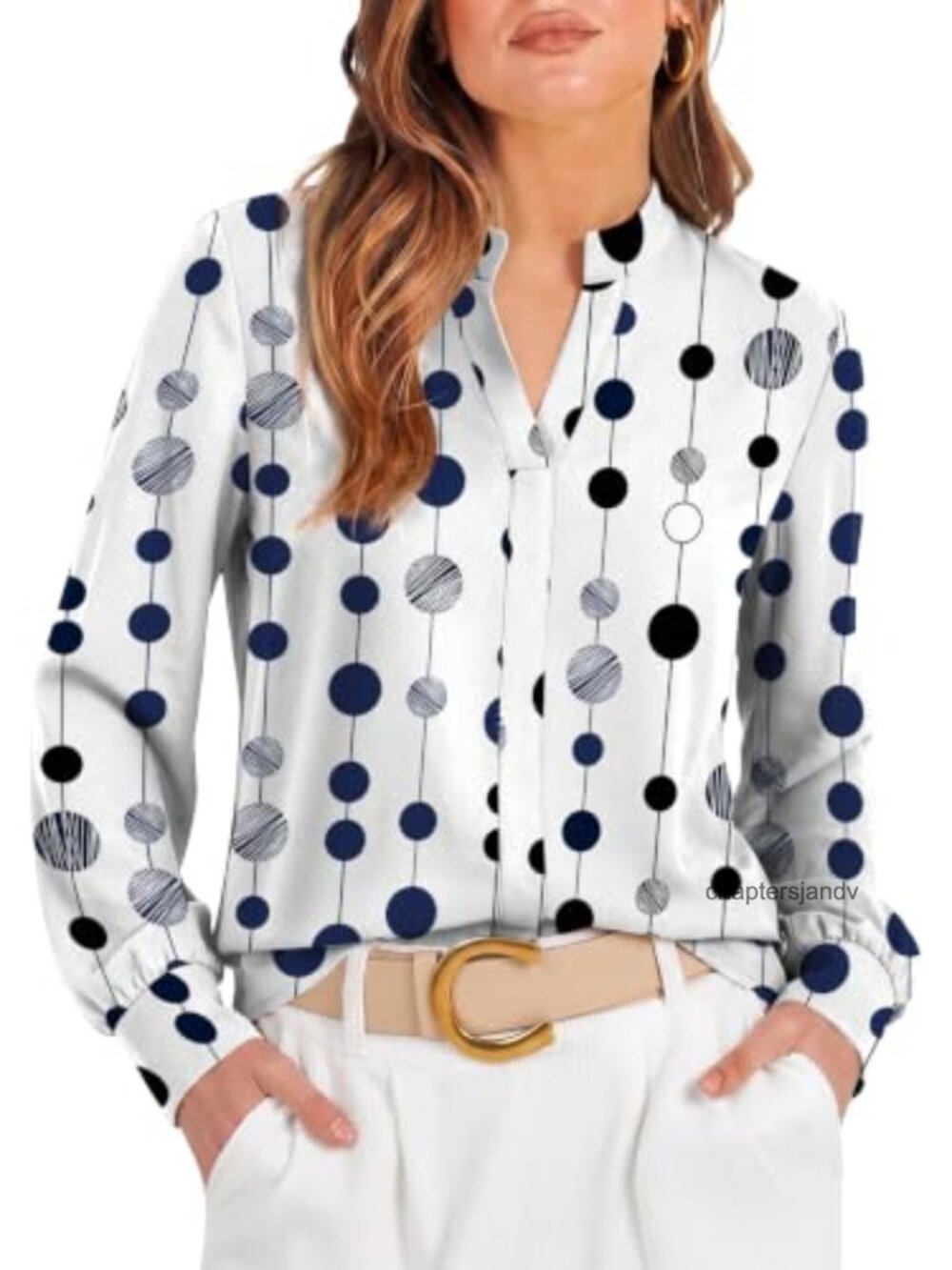 Long Sleeve Blouse with Notch V-Neck Stand Collar